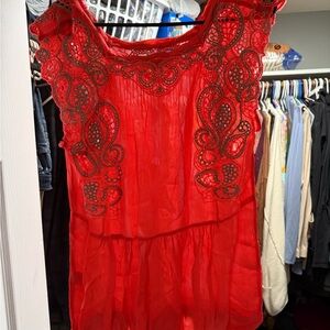 Anthropologie Red Embroidered Short Sleeve Tee